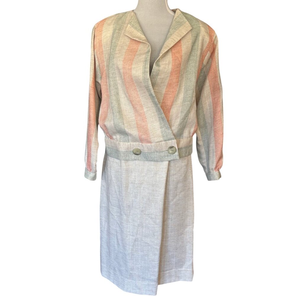 Charles Alan Petites VTG 80s 90s cream linen striped skirt suit sz 6P Union made